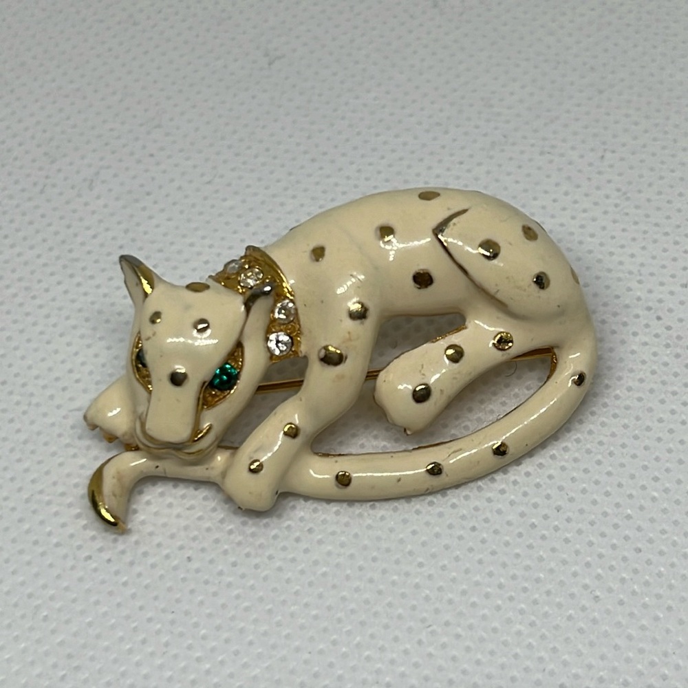 Vintage Leopard Cat JOMAZ Brooch Pin Green Eyes Cream Beige